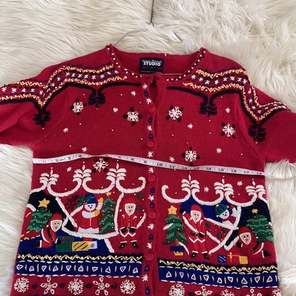 Designers originals vtg red Santa crew neck button front ugly Christmas sweater - Picture 13 of 17